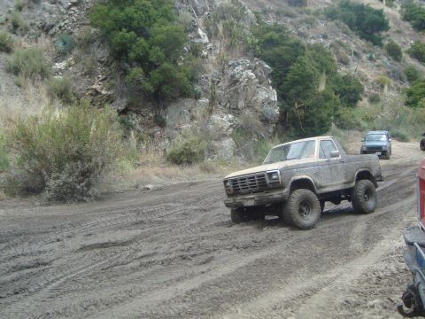 1986 Ford Bronco - A muddy 1980 Ford F-150 navigates a dirt trail with other vehicles in the background.
