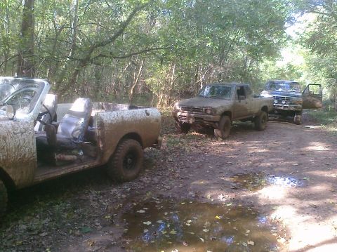 1995 Ford Bronco - Several off-road vehicles are parked on a muddy path in a wooded area, appearing to be stuck or resting.