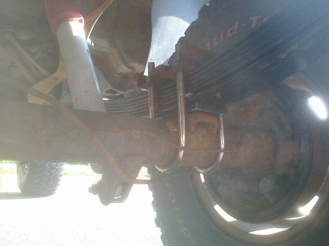 1995 Ford Bronco - Close-up view of the rear axle and suspension system of an off-road vehicle.