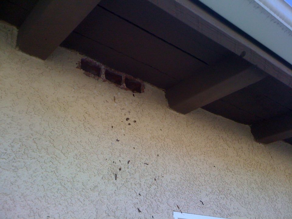 Exterior wall with stucco, exposed brick, and dark wooden beams under a white soffit