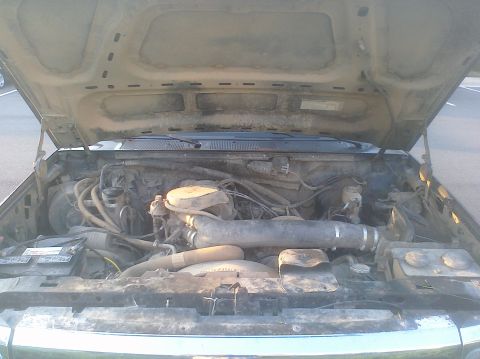 1995 Ford Bronco - The engine bay of a truck is visible with the hood raised, showing various engine components and wiring.