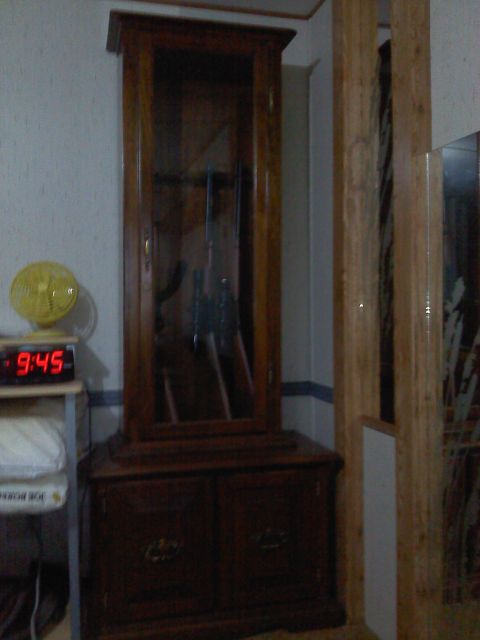 2000 Chevrolet Tahoe - A tall wooden cabinet with glass doors stands against a wall, next to a digital clock and a fan.