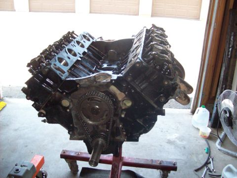 1985 Ford Bronco - Engine block on a stand, ready for rebuild or assembly.