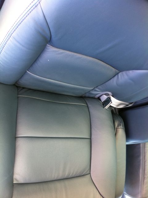 1999 Ford Crown Victoria - The interior of a car shows blue leather seats with a visible seatbelt.