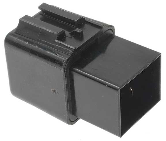 Black plastic automotive relay with a rectangular connector housing
