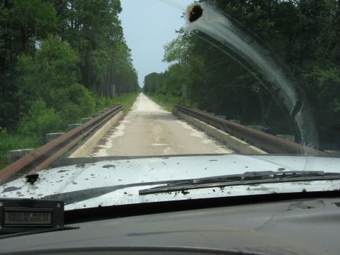 1994 Ford Bronco - Driving across a bridge on a dirt road through a forest.