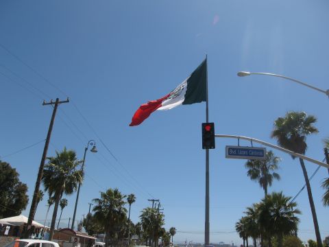 1986 Ford Bronco - A large Mexican flag flies prominently against a clear blue sky, with a street sign and palm trees in the background.