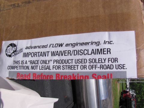 2008 Ford F-250 - Important waiver/disclaimer sticker from AFE Power regarding a race-only product not legal for street use.