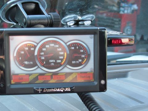 2008 Ford F-250 - DashDAQ-XL monitor shows engine temps and EGRTA readings, mounted inside a vehicle.