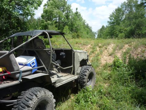 1990 Ford Bronco - Custom off-road buggy with roll cage and large tires parked on a dirt path surrounded by trees.