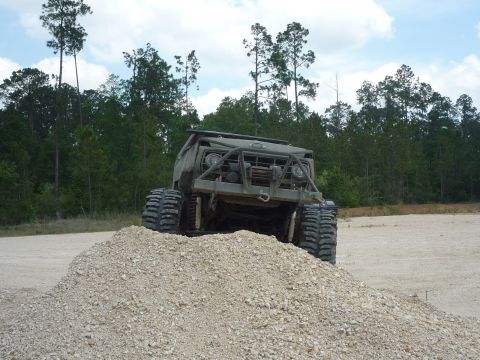 1990 Ford Bronco - This heavily modified vehicle with oversized tires is shown on a dirt mound with trees in the background.