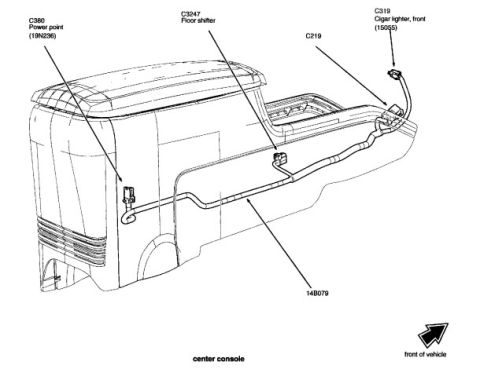2003 Ford Crown Victoria - Wiring harness routing diagram for the center console showing power point, floor shifter, and cigar lighter connectors.