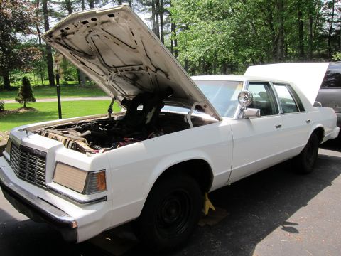 1991 Ford LTD Crown Victoria - A white 1979 Ford LTD sedan is parked outside with its hood and trunk open, resting on yellow jack stands.