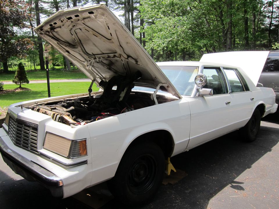 White 1979 Ford LTD sedan with hood open, front passenger side view, on jack stands