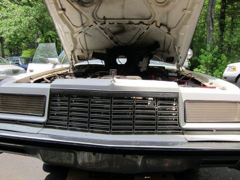 1991 Ford LTD Crown Victoria - Front view of a white car with its hood open, revealing the engine bay and grille. Other vehicles are visible in the background.