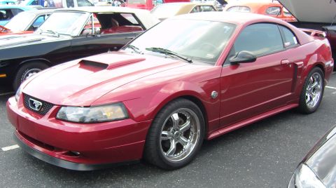 2007 Ford Mustang - A red Ford Mustang is parked at an outdoor event, with other vehicles visible in the background.