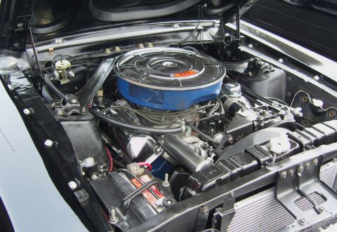 2007 Ford Mustang - Engine bay of a classic Ford Mustang, likely from the late 1960s.