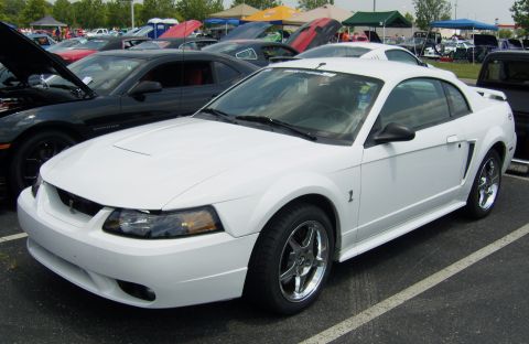 2007 Ford Mustang - A white Ford Mustang coupe is parked at an outdoor event with other vehicles in the background.