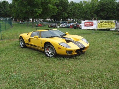 1968 Shelby GT500 - A yellow Ford GT with black racing stripes is parked on a grassy field.