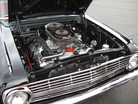 1968 Shelby GT500 - Close-up of a classic car's engine bay, showing a V8 engine with dual air cleaners.