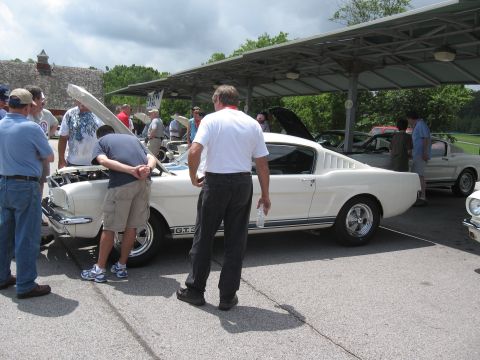 1968 Shelby GT500 - Several people examine a white classic coupe with racing stripes and 'G.T.S.' badging at an outdoor car show.