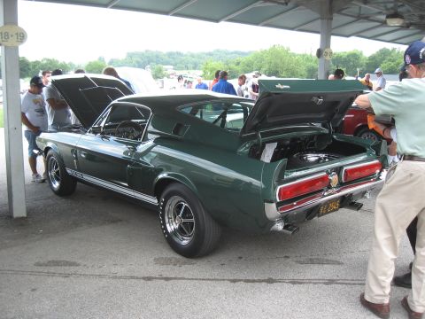 1968 Shelby GT500 - A green 1968 Shelby GT500 is displayed with its hood and trunk open at a car convention.