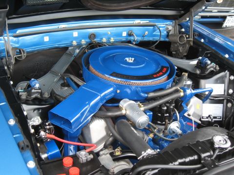 1968 Shelby GT500 - Close-up of a blue Ford V8 engine, a Ram Air cleaner and prominent blue ducting.