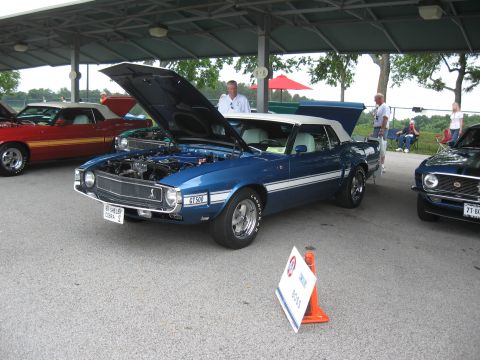 1968 Shelby GT500 - A blue 1969 Shelby GT500 convertible is displayed with its hood open at an outdoor car show.