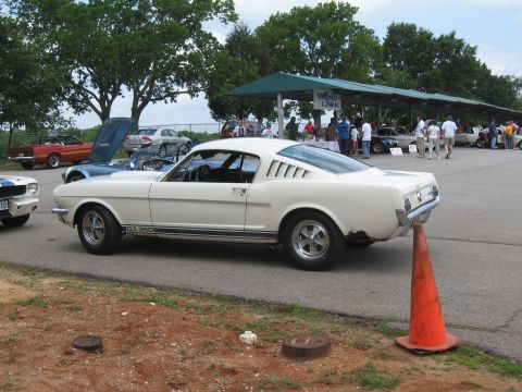 1968 Shelby GT500 - A white 1965-1966 Ford Mustang fastback, identified by its GT350 side stripe, is seen at a car gathering.