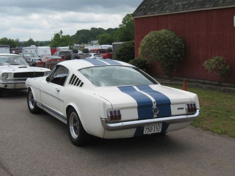1968 Shelby GT500 - A white 1965 Ford Mustang fastback with blue racing stripes is parked outside a red building.
