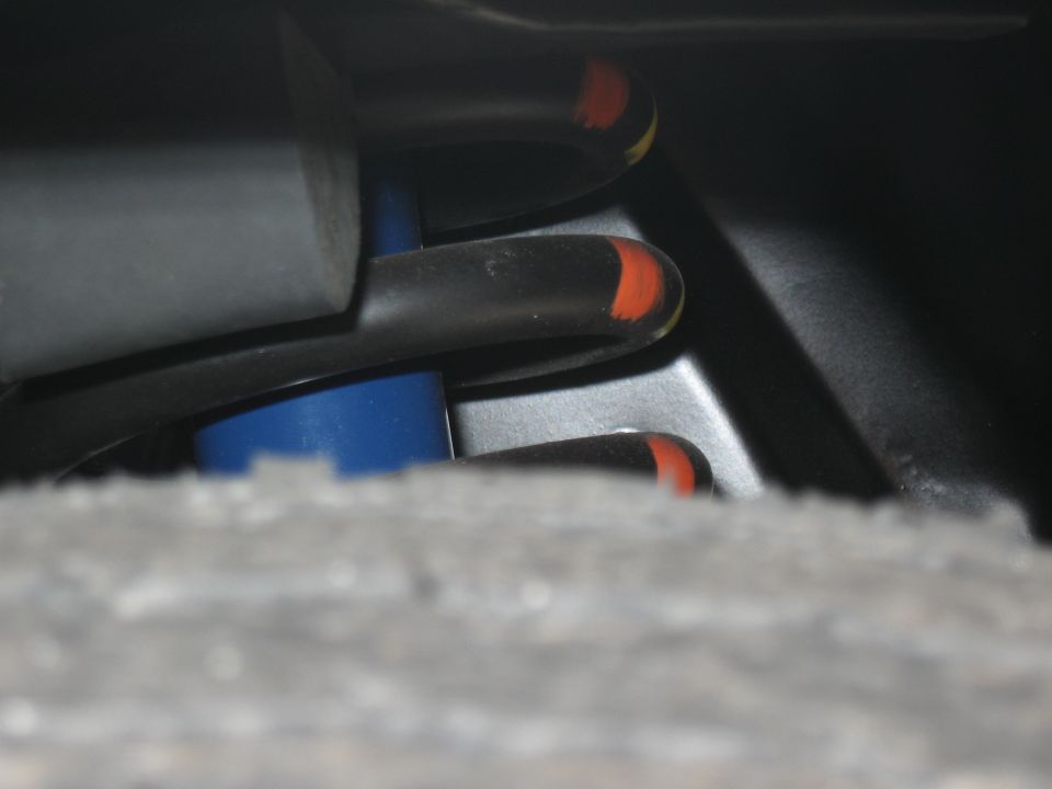 Close-up of black suspension springs with orange tips and a blue shock absorber