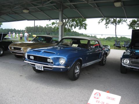 1968 Shelby GT500 - A blue 1968 Shelby GT500 convertible is parked under a pavilion with other classic cars.