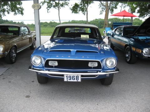 1968 Shelby GT500 - A blue 1968 Shelby GT500 is displayed at an outdoor car show with other vehicles.