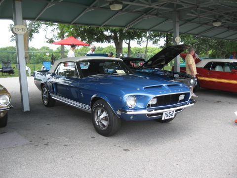 1968 Shelby GT500 - A blue 1968 Shelby GT500 convertible is displayed at an outdoor event with other vehicles.