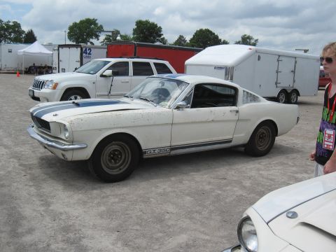 1968 Shelby GT500 - A white 1966 Ford Mustang GT350 is parked next to a white Jeep and trailers.