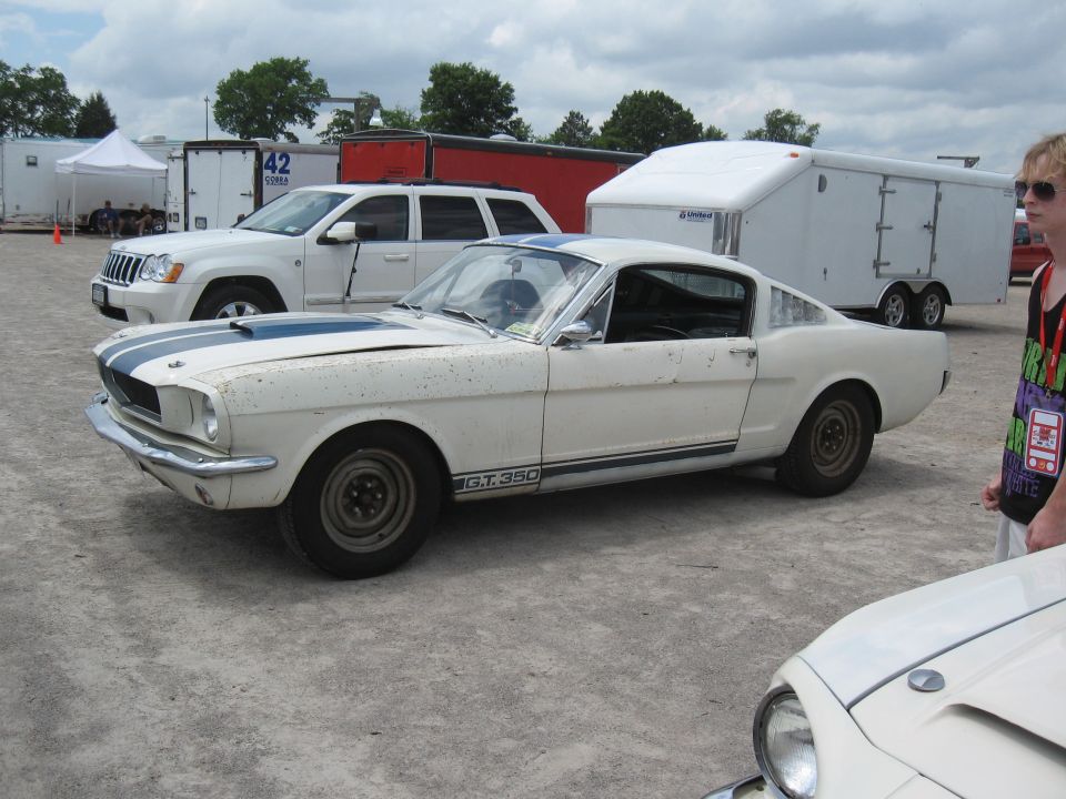 White 1966 Ford Mustang GT350 with blue stripes, side view, dusty condition, parked outdoors