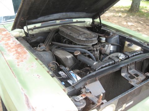 1968 Shelby GT500 - The engine bay of a light green 1968 Ford Mustang shows signs of rust and wear.