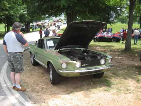 1968 Shelby GT500 - A man observes a vintage green Ford Mustang with its hood open at an outdoor car show.