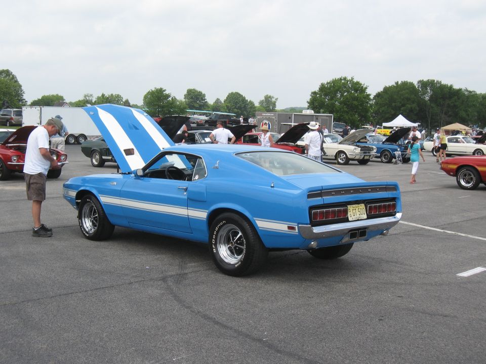 Blue 1969 Shelby GT500 with white stripes, rear view, showing license plate and dual exhaust