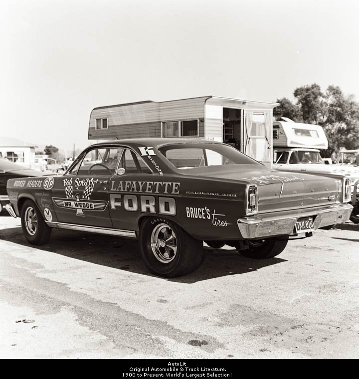 Rear 3/4 view of vintage Ford drag racing coupe with Lafayette Ford lettering