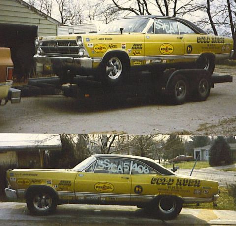 1967 Ford Fairlane - A yellow 1966 Ford Fairlane drag car, branded 'Gold Rush', is parked on a trailer.