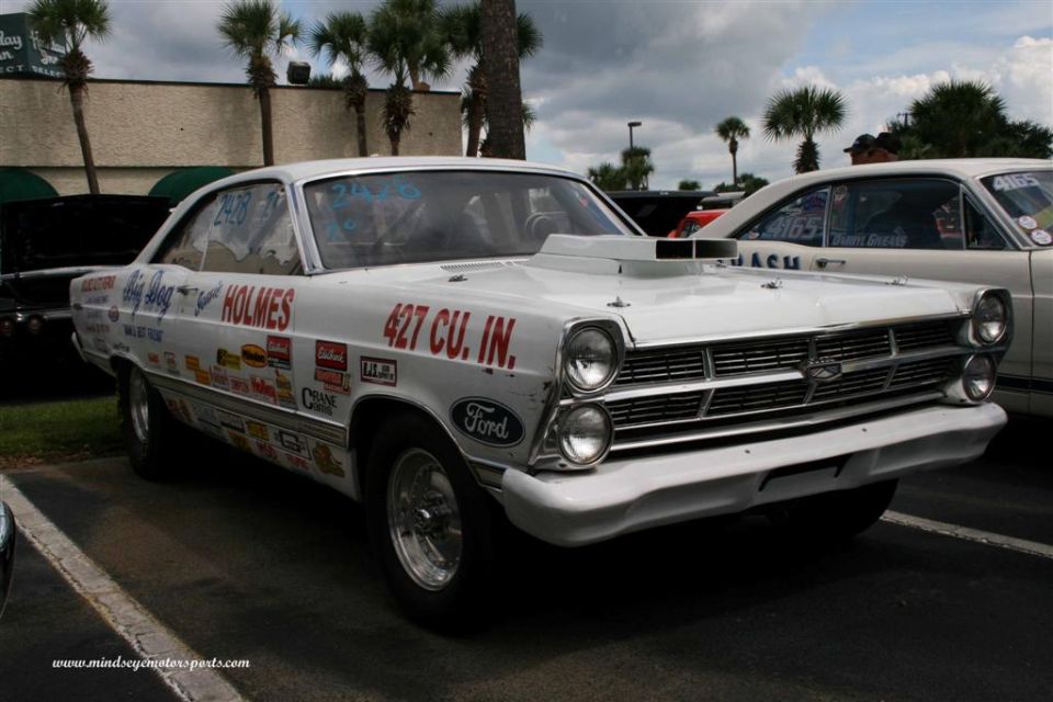 White Ford Fairlane drag car with 427 and HOLMES decals, 3/4 front view