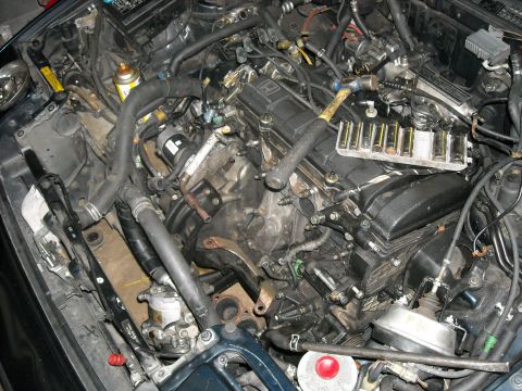 1979 Ford F-150 - Engine bay with a hammer and socket set resting on the valve cover, suggesting ongoing maintenance or repair.