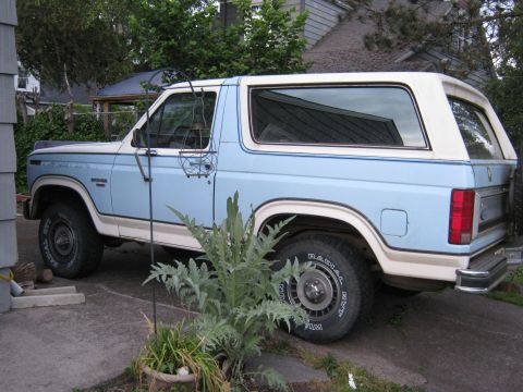 1985 Ford Bronco - This 1985 Ford Bronco is parked outside a house with trees and a roof in the background.