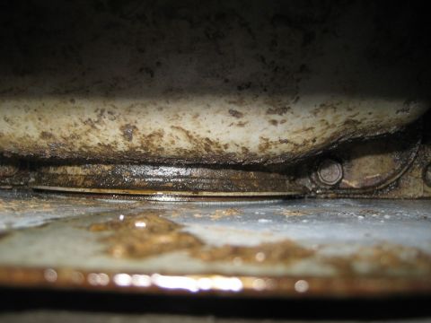 1995 Ford Bronco - Close-up view of a dirty, possibly leaking seal on the underside of a vehicle.