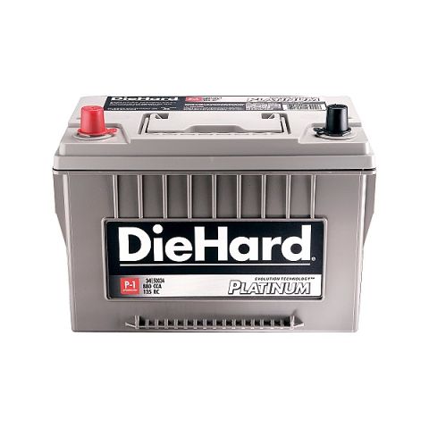 1990 Ford Bronco - A DieHard Platinum car battery is shown against a white background, displaying its model and specifications.