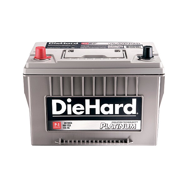 DieHard Platinum car battery with red and black terminal covers, white text on black label