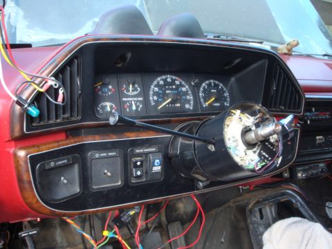 1989 Ford Bronco - The interior of a 1987 Ford F-150 shows a disassembled steering column and dashboard instrumentation.