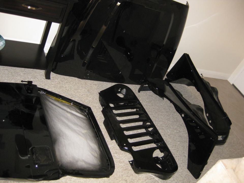 Black car body panels including hood, fender, and grille laid out on carpet