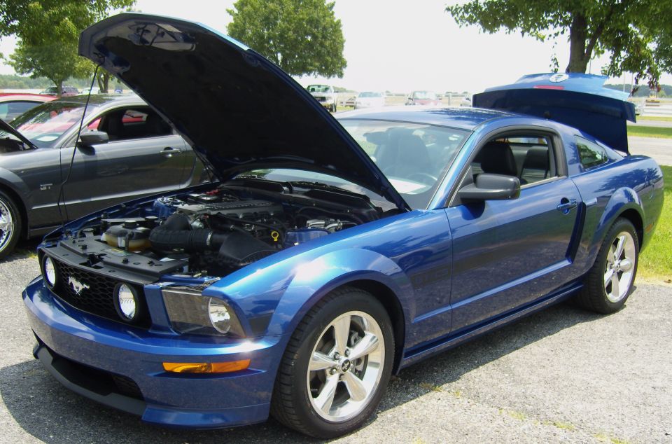 Blue Ford Mustang coupe with hood and trunk open, parked next to a grey Ford Mustang GT